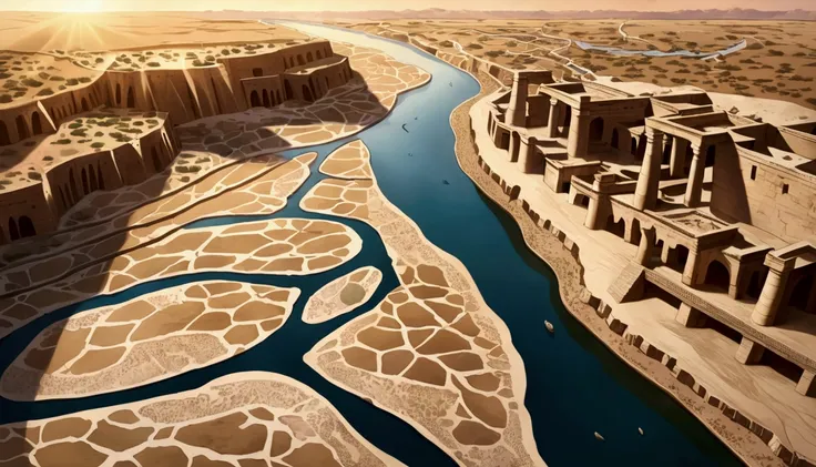 "An aerial view of the Euphrates River in a state of drought, with the water reduced to a trickle, revealing a cracked and dry riverbed. around, the river banks expose ancient ruins and caves that were once submerged. The setting sun illuminates the scene,...