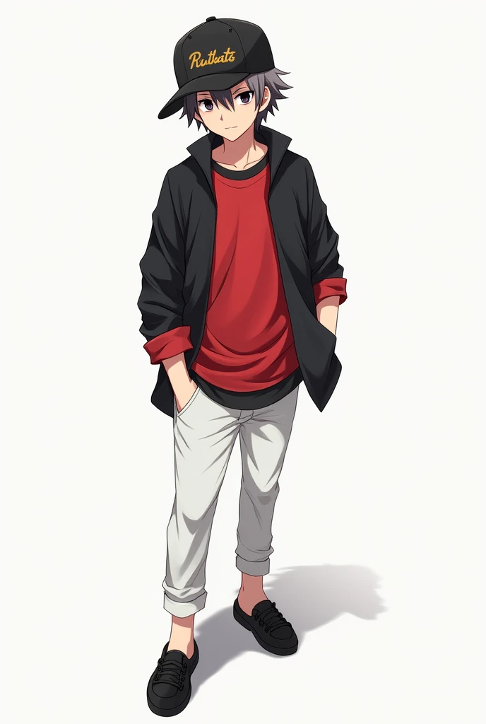 Male anime style character with a black cap and a red long sleeve shirt with a black one on top with white pants and black eyes and with a slipper