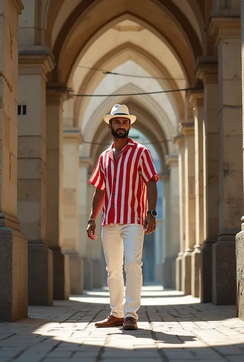 Man in red and white striped shirt,white pants and white hat,in the arches of Lapa