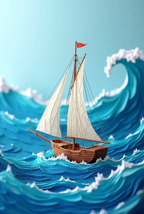 beautiful sailboat on ocean waves, paper cut craft, 3d paper illustration, quilling, realistic, colorful, very detailed, 8k, full size, +distance