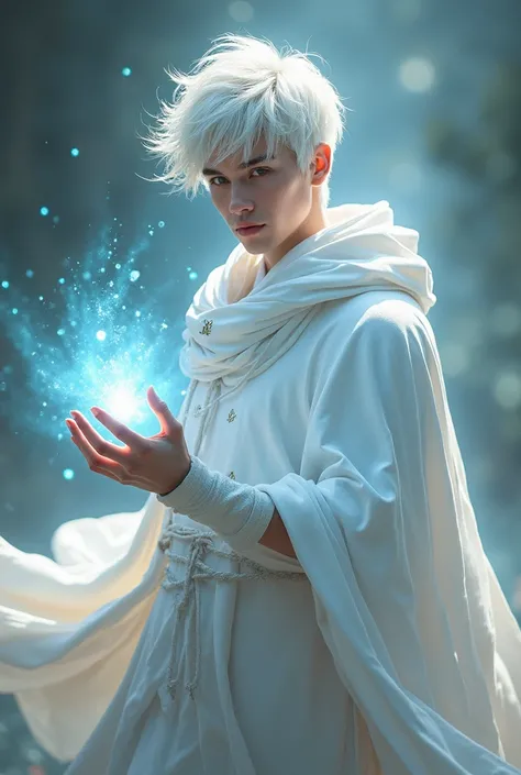 Young white haired man with magic elada wearing a white cloak 