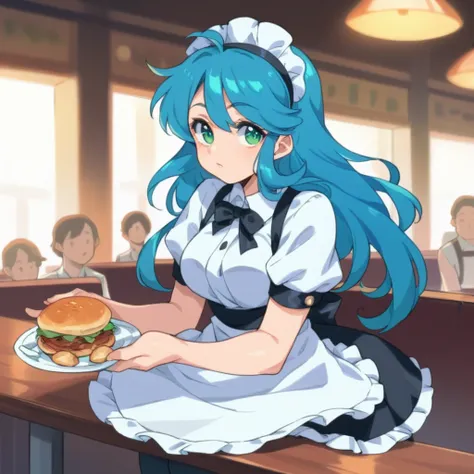 Female waitress in a restaurant, she has blue hair, a sensual look and green eyes.