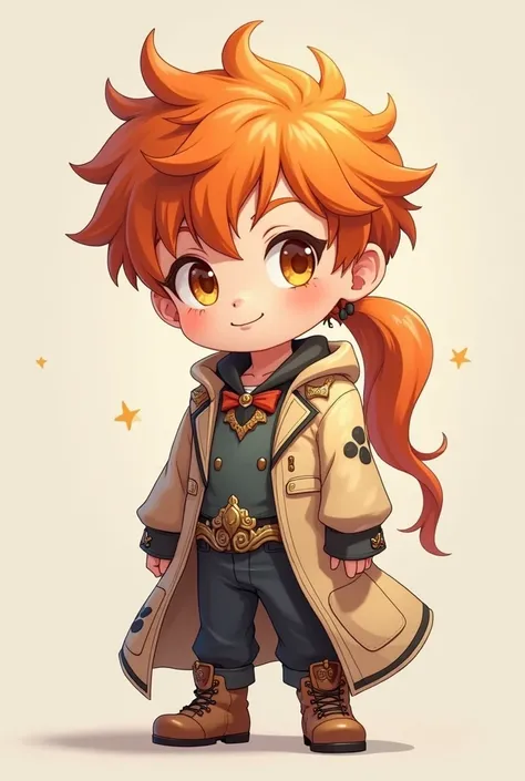 Standing boy, cute, 1 boy, , 4-sided design, Diagonals, front, back, profile, Head to body ratio 3, character sheet, whole body, simple background, Four perspectives, Orange hair, long coat, long Ponytail hair, Good quality, high detail, Puppy Suin, Good q...