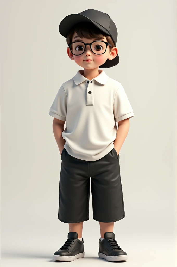 A boy has a cap and brown hair and a white polo shirt and black pants and only black glasses
