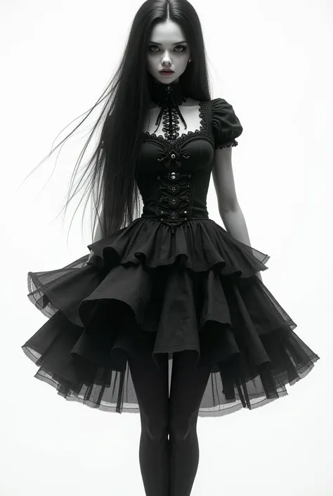 tim burton style, 3D girl,Inspired by Bloodborne, Bloodborne costume worn out, oculto aesthetic, gothic lolita, Fluttering lace flared long knee length dress with frilly petticoats, long dress, knee length dress, pleated petticoats, lolita dress, gothic lo...