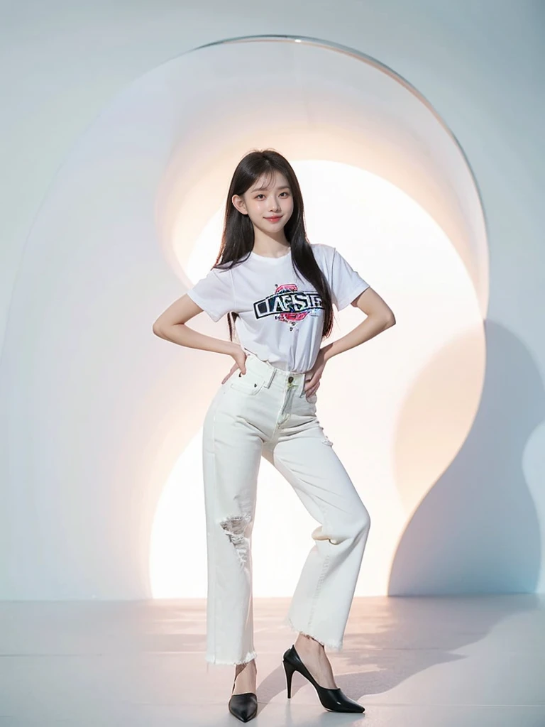 best quality, quality, masterpiece, photorealistic, 1girl，solo, White short sleeve，long blue jeans pants, long black hair,looking at viewer, smile, full body, white simple background