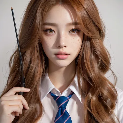 there is a woman with long hair and a tie holding a wand and colours like eyes, hyperrealistic schoolgirl, a hyperrealistic schoolgirl, realistic schoolgirl, ig model  ,realistic artstyle, 🤤 girl portrait, hyper realistic aesthetic, small freckles, hyper r...