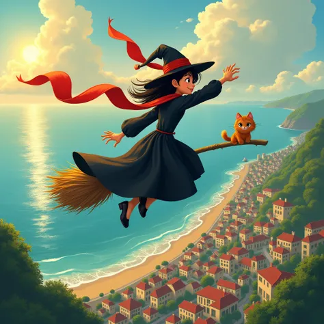 "A young witch wearing a flowing black dress and a large red ribbon in her hair, soaring through the sky on her broomstick over a bustling seaside town. The wind gently lifts her dress and ribbon, creating a sense of movement and freedom. Below her, the pi...