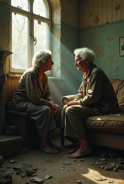 Two old women talking in an abandoned living room