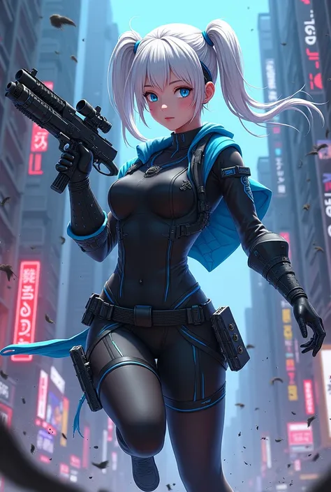 anime girl, twintails, white hair, gun user, blue eyes, black outfit with blue accents, dodging, cyberpunk outfit