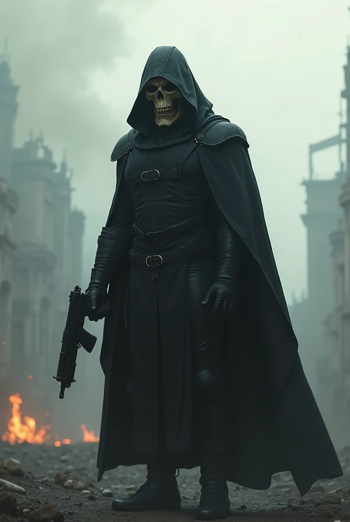 A fearless soldier, frightening, with his face covered with a hood and a skull mask while wearing an all-black outfit while holding a gun pointed upwards? With an apocalyptic scenario in the background