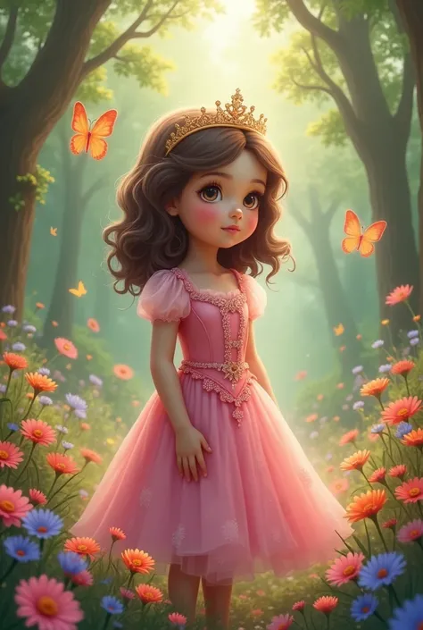  with shoulder length curly brown hair Light brown eyes Slanted eyes Wearing a pink princess dress with a cute crown And in the background a forest with lots of flowers and butterflies