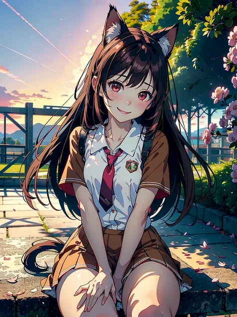 (highest quality, masterpiece, High resolution)、(anime)、light brown hair、pink red Cat Costume、pink uniform dress outfits 、(Cat ear)、long hair、hair ornaments、Cute face details、enchanting smile、small breasts、whole body、Crackers popping、 Decoration、((bright s...