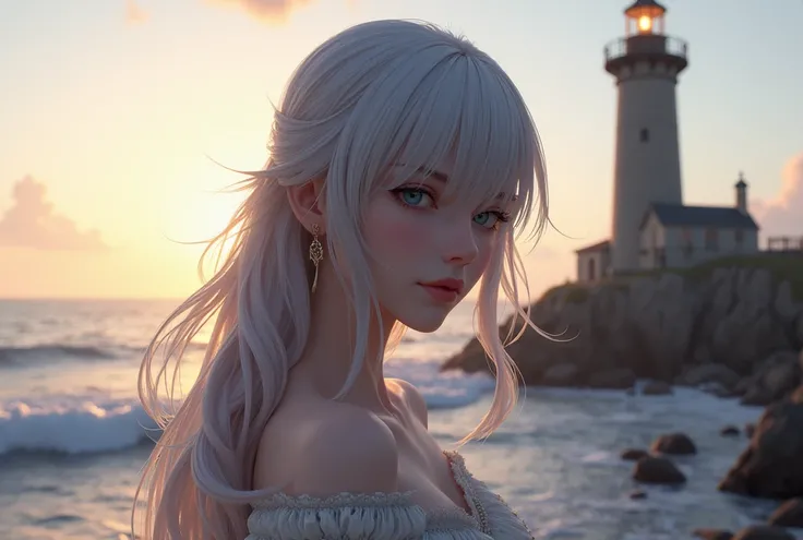 A realistic image of a woman who looks exactly like Eula Lawrence from a game called Genshin Impact. She is near a navigation lighthouse in the ocean. 