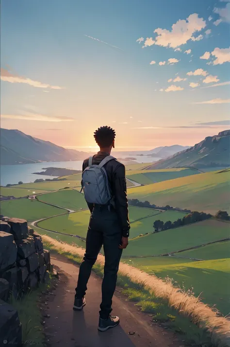 black skinned guy with his back looking at the landscape of england