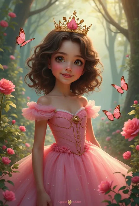  with shoulder length curly brown hair Light brown eyes Slanted eyes Wearing a pink princess dress with a cute crown And in the background A forest with lots of flowers and butterflies and the name Camila Valentina 