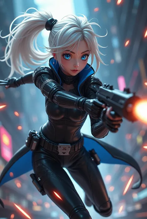 anime girl, long twintails, white hair, gun user, blue eyes, black outfit with blue accents, dodging flying bullets, cyberpunk outfit