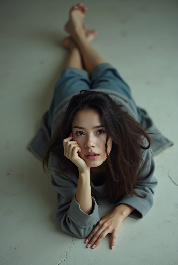 Woman lying face up on the floor while looking at the viewer 