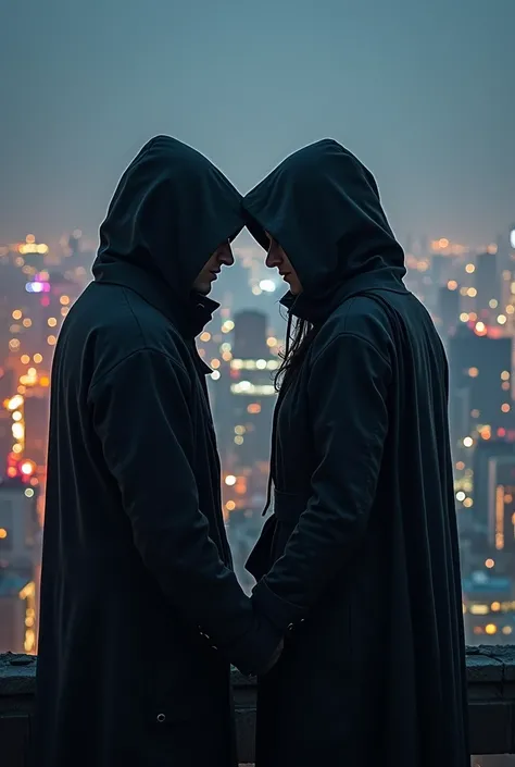 CREATE AN IMAGE OF A HOODED MAN AND WOMAN LOOKING AT EACH OTHER FROM A BUILDING WITH THE ILLUMINATED CITY IN THE BACKGROUND FROM A FAR AWAY WHICH IS 2660X1140