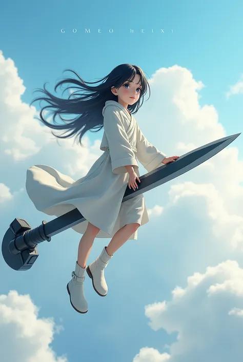 Ten year old male character, long black hair wearing a white robe, mundo Xinxia. Flying in the sky with feet in white boots on top of the blade that is in a horizontal position to put the feet of the black fist grip, mundo Xinxia, More realistic