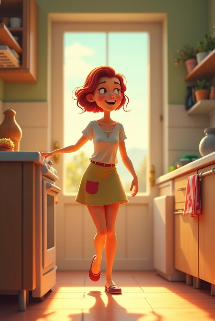 that the woman is animated like the previous image and that she is just arriving to the kitchen