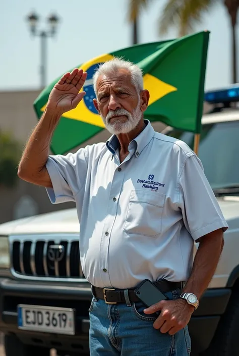 An elderly man wearing a Boston Medical Group shirt stands next to an SUV holding the Brazilian flag, holding a cellphone and saluting 