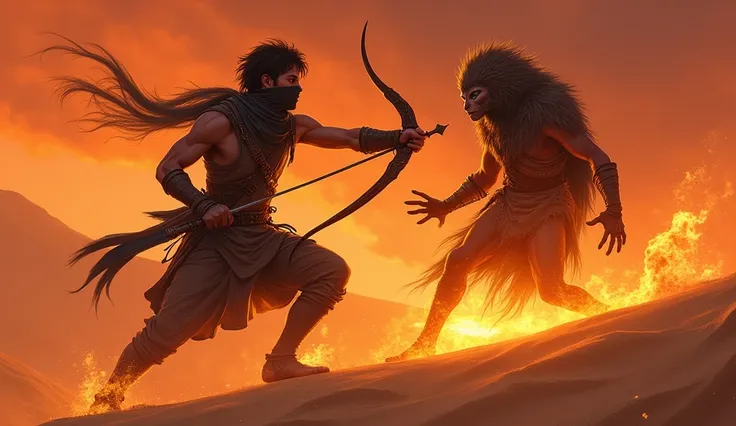 A young hunter from a desert planet, brown hair and green eyes, with Armor to prevent water loss, with ancient weapons like a Scimitar and a bow, with a hood and a black marking covering his mouth, epic and arabic style. in a desert of red sand and red sky...