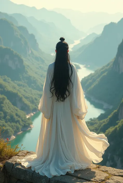 Ten year old male character, long black hair wearing a white robe, mundo Xinxia. Looking down on the mortal realm of ancient China below. realistic image.