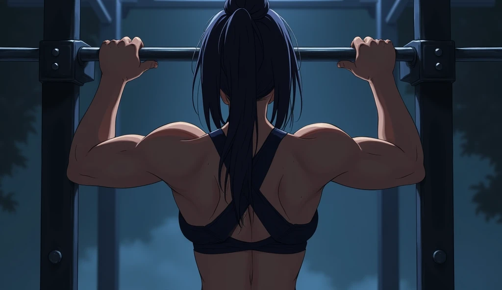 An anime warrior with a V-shaped body is performing a pull-up exercise, her muscular back and slim waist are on display as she stands with strength and determination at night, main character