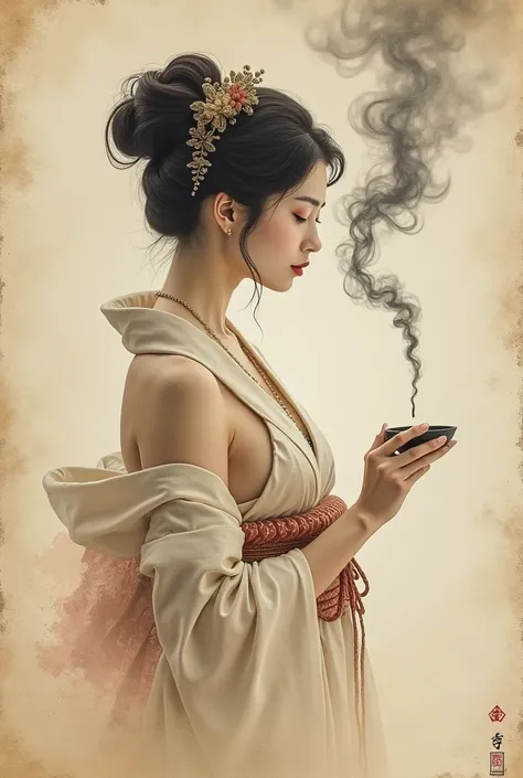 Watercolor、Old paper texture、Damaged Paper、Old style、Faded color、Thick Fog、composition、Golden Ratio、Functional、grace、detail、background、Soft colors、Blurred Lines、Paintings from the Edo period、The courtesan closes her eyes as the smoke from the incense burne...