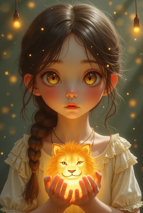 A girl with honey-colored eyes who has a small lion in her heart without lion ears, The lion has to be in your heart so that your heart has a lion inside.