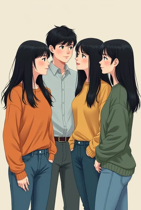 Three college girls and one college boy, one of the girls is short and has green eyes and black hair, the other is tall with black hair, the last one is medium and has long straight black hair, the boy is a little taller than the girls, they all wear casua...