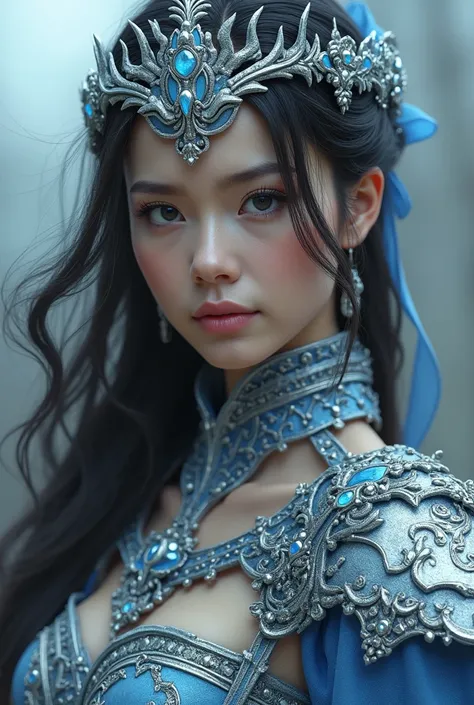 a close up of a woman in a silver and blue dress, chengwei pan on artstation, by Yang J, detailed fantasy art, stunning character art, fanart best artstation, epic exquisite character art, beautiful armor, extremely detailed artgerm, detailed digital anime...