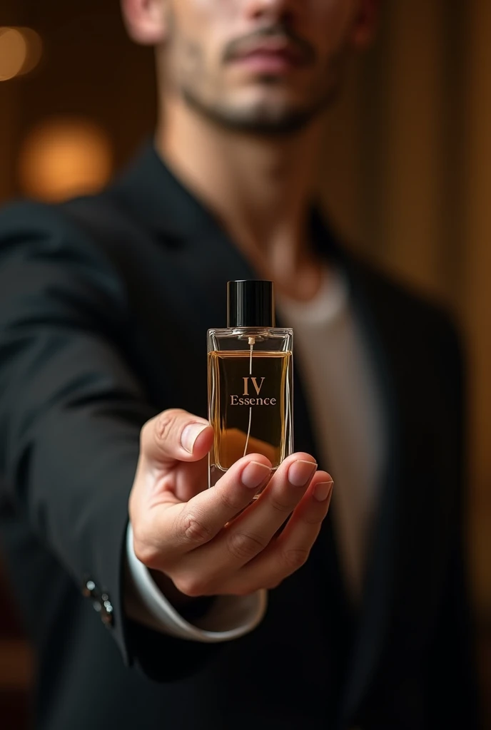 A professional advertisement of a man from the neck down, holding a perfume with the name IV ESSENCE on the 15 cm tall cylindrical and oval perfume bottle written in black in an exquisite setting