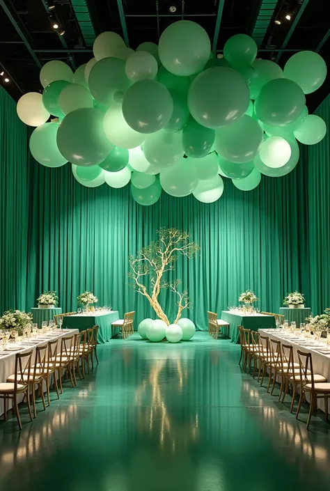 generate me a complete event decoration emerald green and white with inflatable balloons 