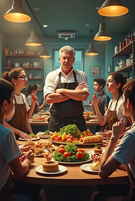 Imagine a scene in a busy cooking classroom where a teacher stands at the center, surrounded by a variety of colorful and delicious dishes. The teacher, a middle-aged man with a stern expression that conveys frustration, is looking at a group of students w...