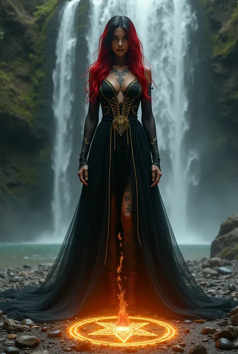 Dark Magician facing the viewer Beautiful Red and Black Hair , with a dark and sexy black fantasy costume with beautiful yellow stripes with long and beautiful hair , with tattoos and make a celestial invocation with a magnificent pentacle on the ground a ...