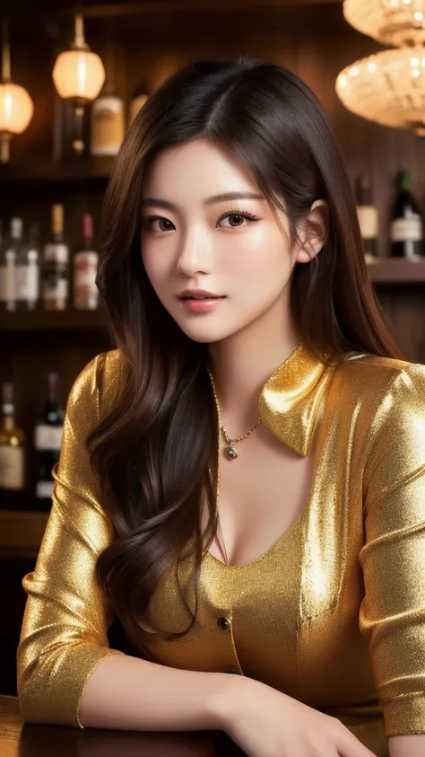 a young japanese woman in her 20s drinking at a stylish bar, beautiful detailed eyes, beautiful detailed lips, extremely detailed eyes and face, long eyelashes, fashionable outfit, bartender, cocktail glass, wooden bar counter, dim lighting, warm color ton...