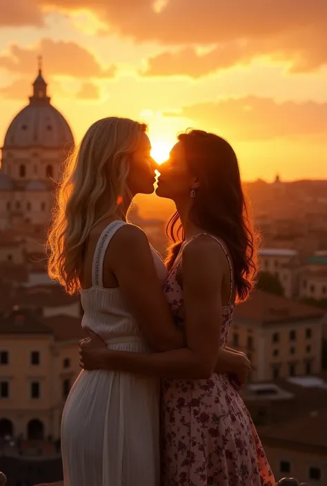 Blonde woman hugging a brunette woman with wavy hair watching the sunset in Rome
