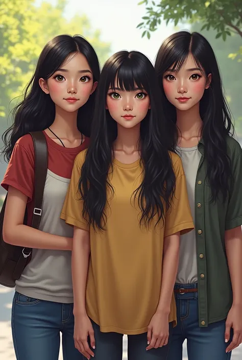 Three college girls and one college boy, one of the girls is short and has green eyes and black hair, the other is tall with black hair, the last one is medium and has long straight black hair, she is the only one with bangs, the boy is a little taller tha...