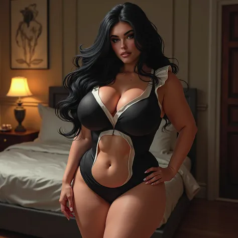 Huge boobs , hot girl , sexy , fit , muscular , maid outfit , bedroom , extremely tall , black hair , tall hair , so much skin exposed , curvy thick body , sporty , muscles