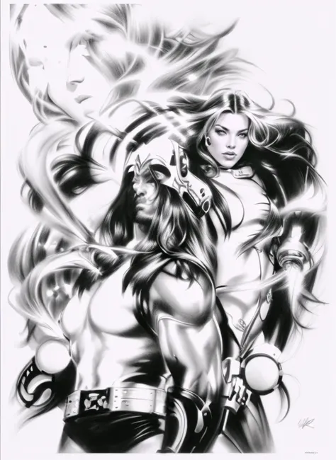 a drawing of a woman and a man with long hair, inspired por Mark Brooks, por Mark Brooks, Monochromatic airbrush painting, chicano airbrush art, black and white art, by Ric Nagualero, Boris Vallejo and Ilya Kuvshinov, retouched art, Chris Moore. germ of ar...