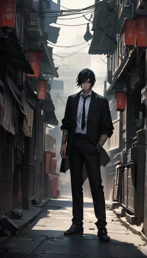 Create a night scene in a deserted, gloomy Japanese street. lighting: weak moonlight and dim street lamps.

tao:

Steht im Shadow, not clearly visible.

attire: black suit pants, white shirt with rolled up sleeves, loose black necktie.

Upper body to wrist...