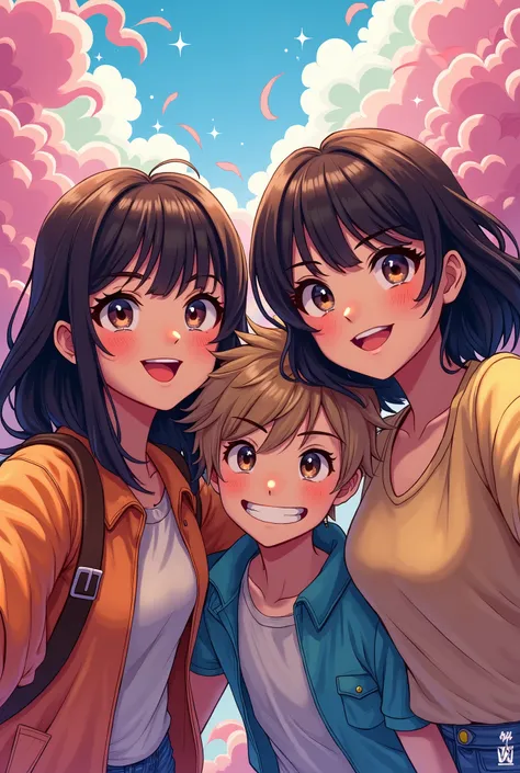 Three friends, two brunette African-American girls and a white boy taking an anime-style selfie