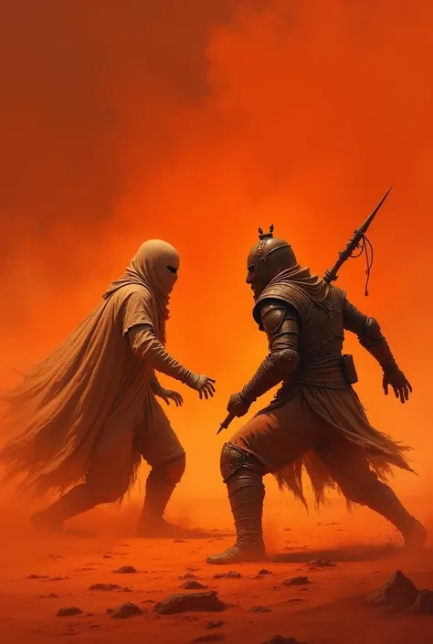 A desert of red earth, with a red sky with orange tones with a barely visible humanoid figure covered by a cloak of skin that covers his entire body in a sandstorm fighting against a hunter with a spear and armor that prevents water loss, desert style, sca...