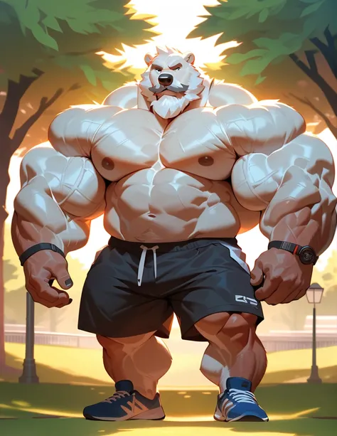 bara polar bear, strong physique, perfect anatomy, masterpiece, gray moustache and beard, wrinkles huge white fur, solo, great lighting, shorts, park, topless, hyper muscular, thick arms, huge pectoral