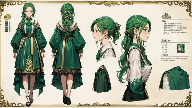 (best quality, masterpiece), 1woman, beautiful, standing woman, virtual youtuber, green hair, brown eyes, pony tail, braid hair, (character sheet, concept art, official art, full body), simple background, white lily flower, ribbon, eyelashes, earrings