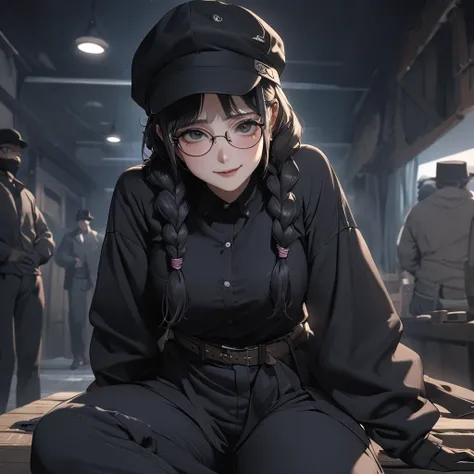 masterpiece, High quality CG, cheered up, illustration, Best Quality, 1 girl, tied, slavery, beautiful face, detailed face, cowboy shot, dokkaebi, 1 girl, Alone, looking at the viewer,  black fur, braid, Glasses, black gloves, belt, pants, black eyes, twin...