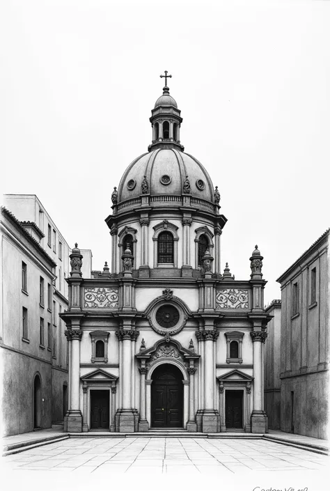 Our Lady of Candelaria Church in Rio de Janeiro, pencil drawing style, architecture, I want it to have the dome that it has on top