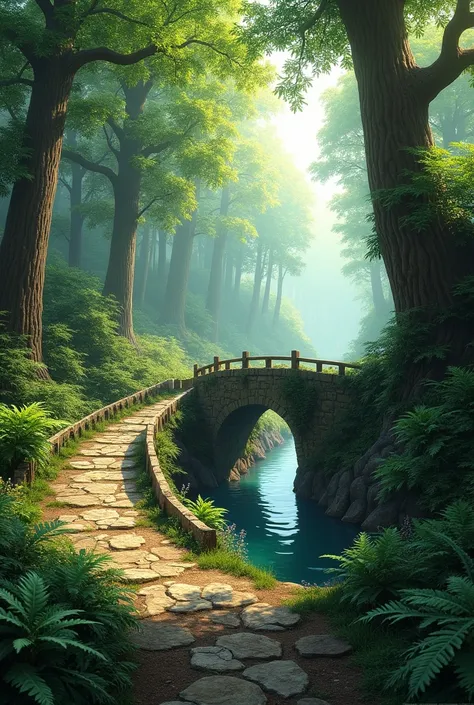 A beautiful stone path and a stone bridge through the realistic forest 